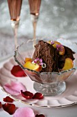 Chocolate mousse with poached peaches for Valentine's Day