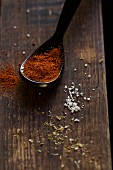 A spoonful of chilli powder and assorted spices on a wooden board