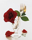 Forks and a rose in a decorative glass