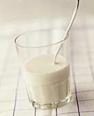 A half-full glass of milk with a spoon