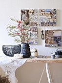 Collage of safari motifs, ethnic artworks, decorated ostrich egg and flowering branches