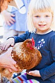 A Little Girl Petting a Chicken