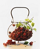 Fresh cherries in a wire basket