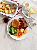 Roast beef with vegetables and Yorkshire pudding (England)