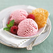 Two scoops of raspberry ice cream with fresh raspberries