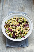 Rice with colourful lentils and red onions