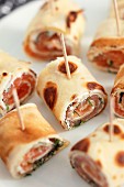 Pancake rolls with salmon and cream cheese