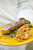 Grilled Pork Chop and Shrimp with a Corn Relish