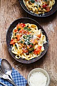 Ribbon pasta with lentils, tomatoes and cheese