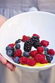 Bowl of lemon curd, berries, whipped creme