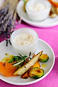 Oven-baked vegetables with a cream, cheese and lavender dip