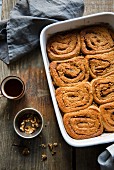 Cinnamon Danish with nuts in a baking dish