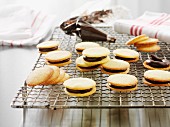 Sandwich biscuits with chocolate cream filling on a wire rack