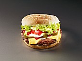 Cheeseburger with pickled gherkins, tomatoes and onions