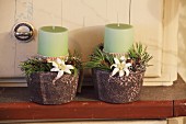 Green candles, branches and edelweiss in small pots