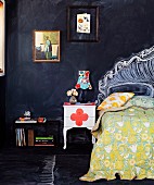 Colourful fabrics and painted flea market furniture combined with blackboard paint in bedroom - create new accessories using chalk time and time again