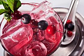 Fruit cocktail with wild berries on a silver tray (close-up)