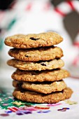 Stack of oatmeal cookies with cranberries and white chocolate