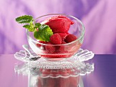 Raspberry ice cream with fresh raspberries and mint