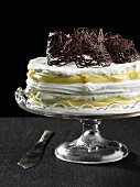 Meringue layer cake decorated with chocolate nests