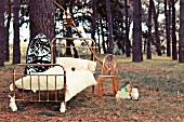 Fairytale: metal bed and a transparent chair in the forest