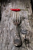 Smoking red hot chili pepper on vintage fork over wooden background