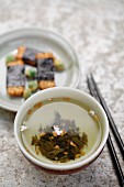 Close up of Japanese Genmai Cha tea and puffed rice