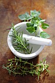Mortar and pestle with fresh herbs