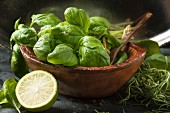 wooden bowl of fresh basil and half of lime over dark bakground