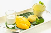 Mango, sticky rice, lemon ice cream and coconut milk (Thailand)