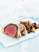 Beef Wellington (beef fillet wrapped in puff pastry) with mushrooms