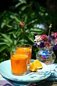 Two orange and carrot drinks on a table in the garden