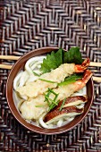 Tempura prawn and Shitake mushrooms in Udon soup