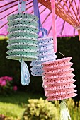 Paper lanterns of various colours hanging from parasol in garden