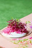Quark with grated beetroot and bean sprouts