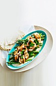 Grilled prawns with asparagus and a bean pur