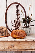 A Bundt cake on a rustic wooden table