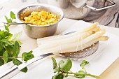 Cooked white asparagus with an egg sauce