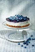 Fresh blueberry cheesecake on a cake stand with a cake slicer and a plate