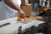 Man operating packaging machine for vegan cheese (USA)