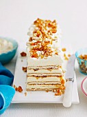 A layered ice cream cake with a biscuit base, cream and almond brittle