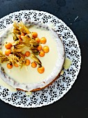 A white chocolate cake with limoncello and physalis