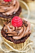 A chocolate cupcake decorated with a raspberry