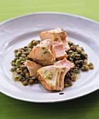 Fried salmon with lentils