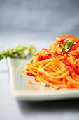 Pasta povera (spaghetti with tomato sauce and breadcrumbs, Italy)