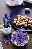 Nuts, purple snowflake decorations & grape hyacinths
