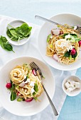 Linguine with spinach, feta and radishes
