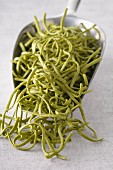 Homemade green noodles on a metal scoop