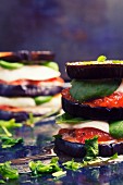 Aubergines with tomatoes, mozzarella and basil
