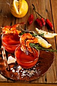 Gazpacho with prawn and rosemary skewers